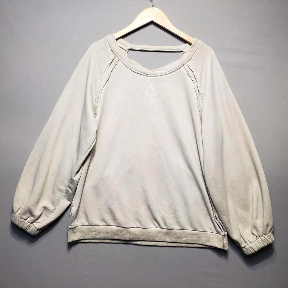 POL Open Back Lace Up Jersey Pullover Top Womens S Beige Balloon Sleeve Boho